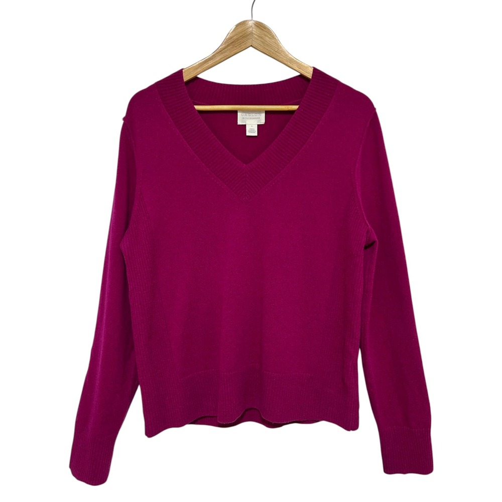 CASLON Cashmere Wool Blend Magenta V Necklace Ribbed Details Versatile Sweater L